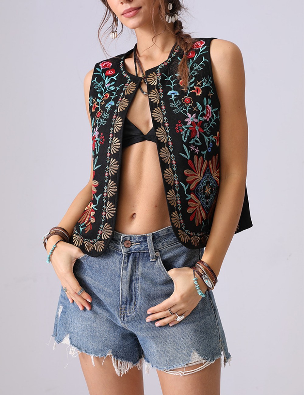 Boho Floral Embroidered Open Front Vest