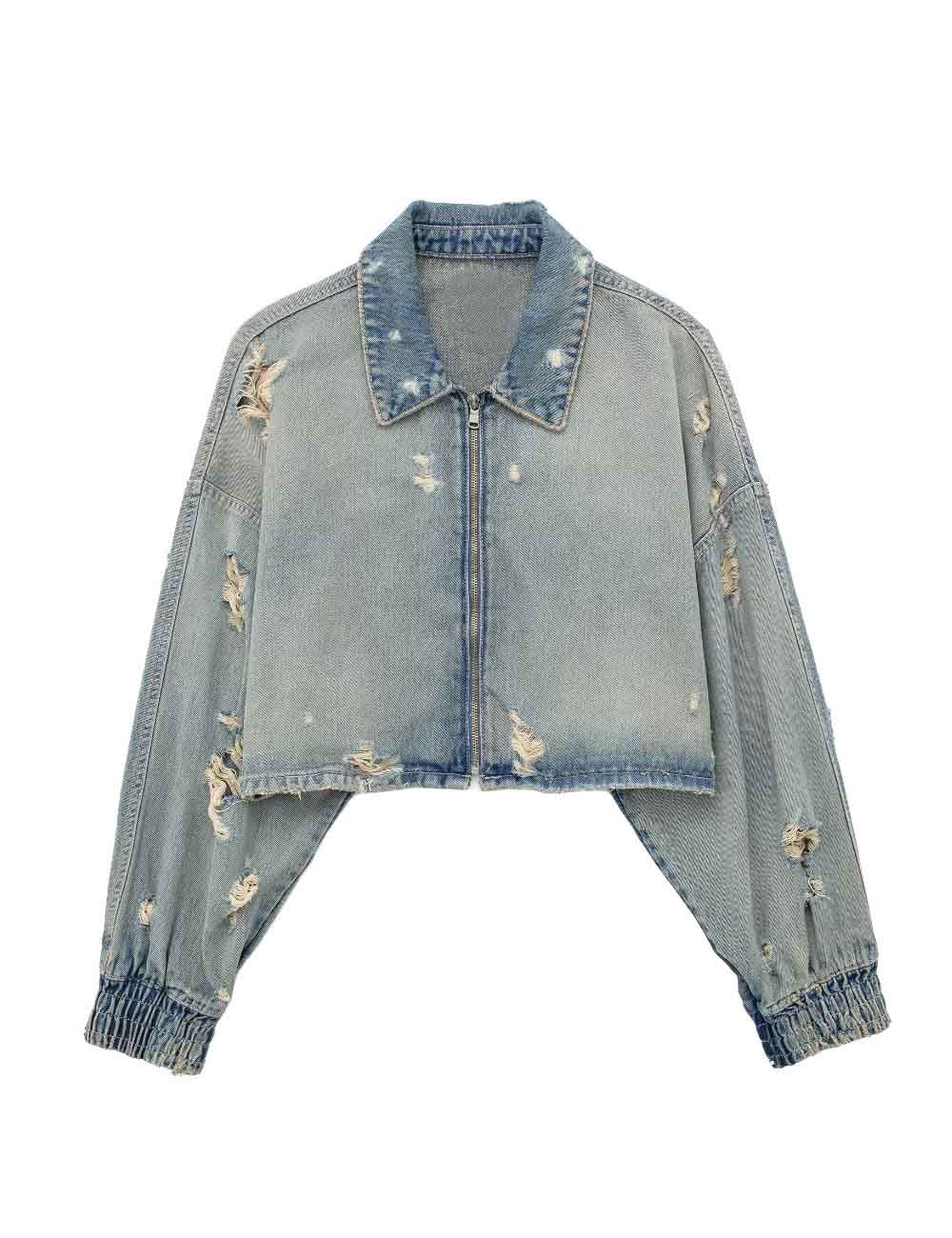 Simple Ripped Zip Up Cropped Jacket