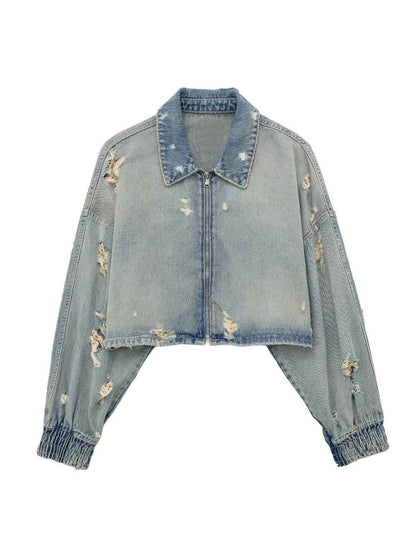 Simple Ripped Zip Up Cropped Jacket