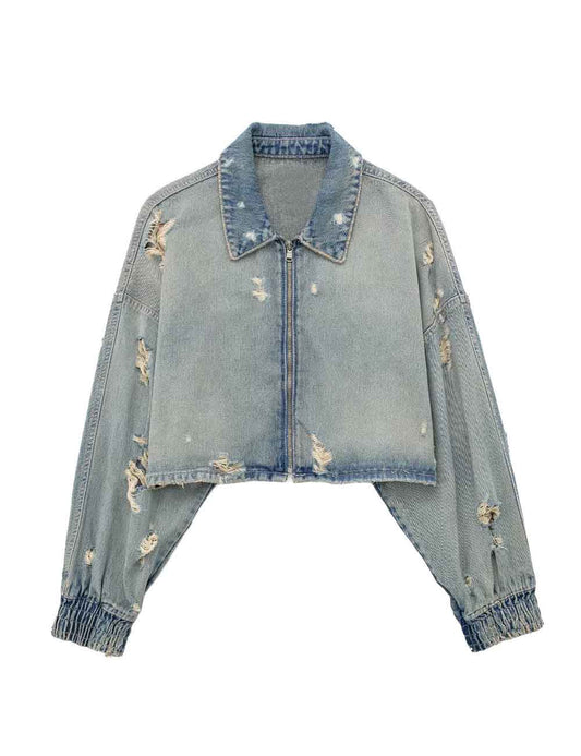 Simple Ripped Zip Up Cropped Jacket