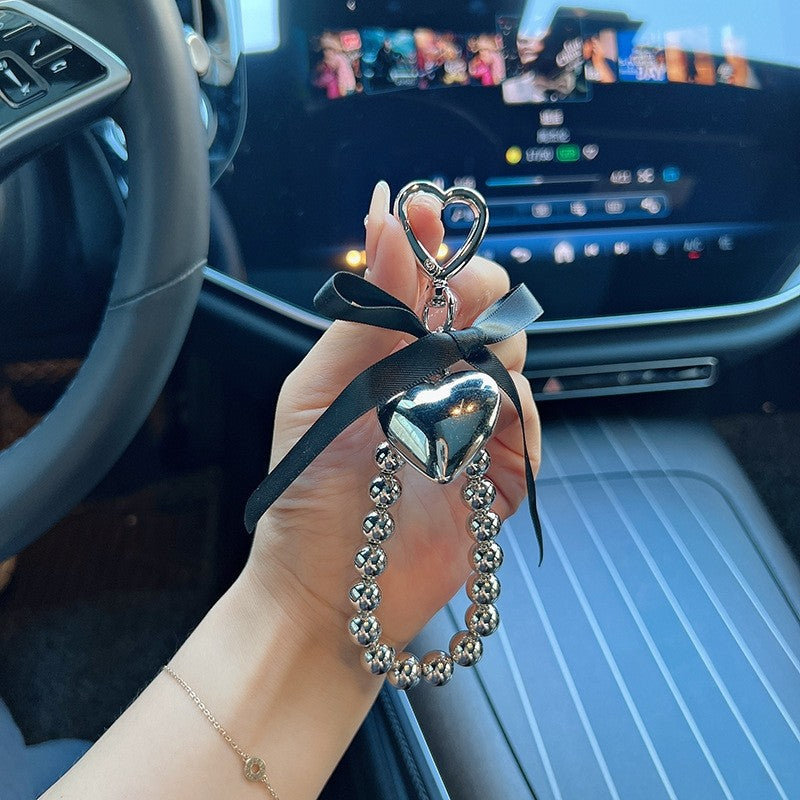 Creative Bow Silver Bead Heart Keychain