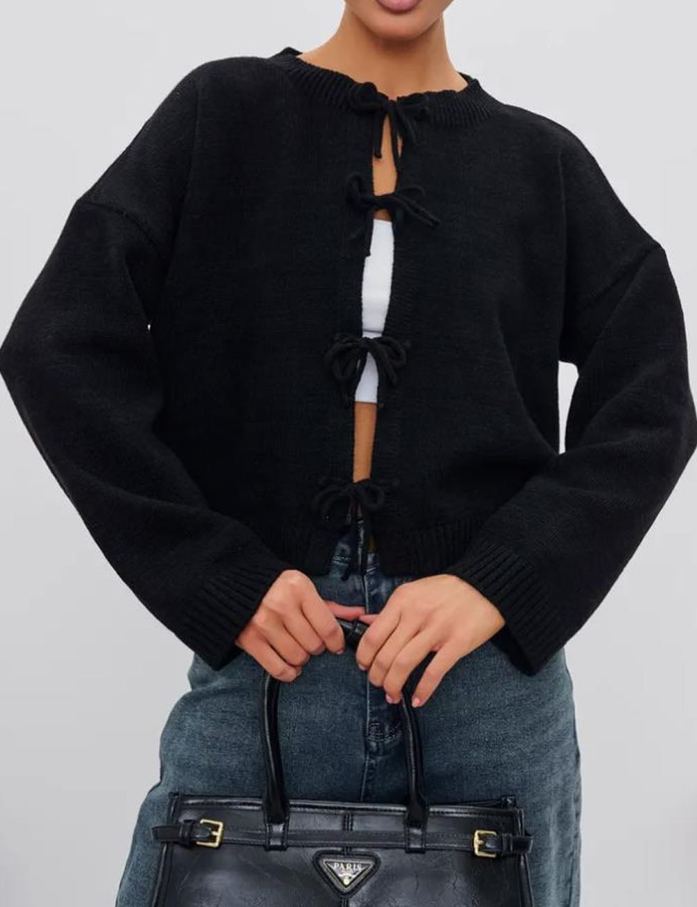 Round Neck Tie Front Long Sleeve Cardigan