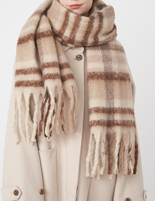 Soft Warm Faux Cashmere Plaid Tassel Scarf