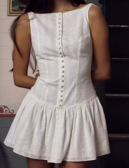 Solid Jacquard Square Neck Button-Up Mini Dress