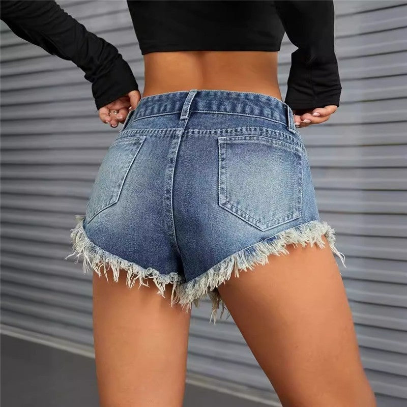 Simple And Versatile Low-Waist Slim Raw Edge Loose Denim Shorts