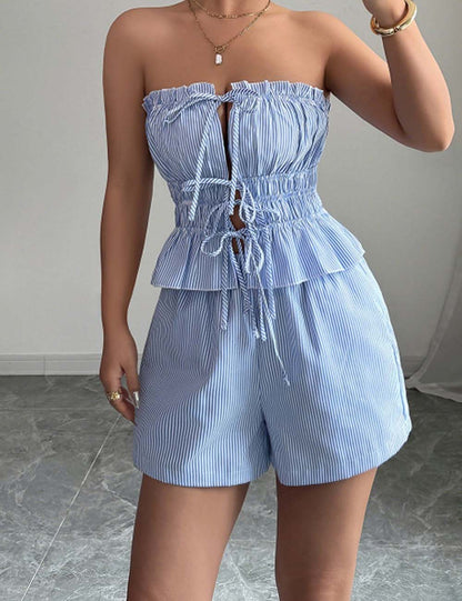 Elegant Stripe Strapeless Tie Front Mini Shorts Set