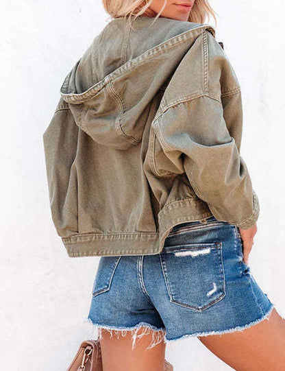 Casual Solid Color Drawstring Hooded Jacket