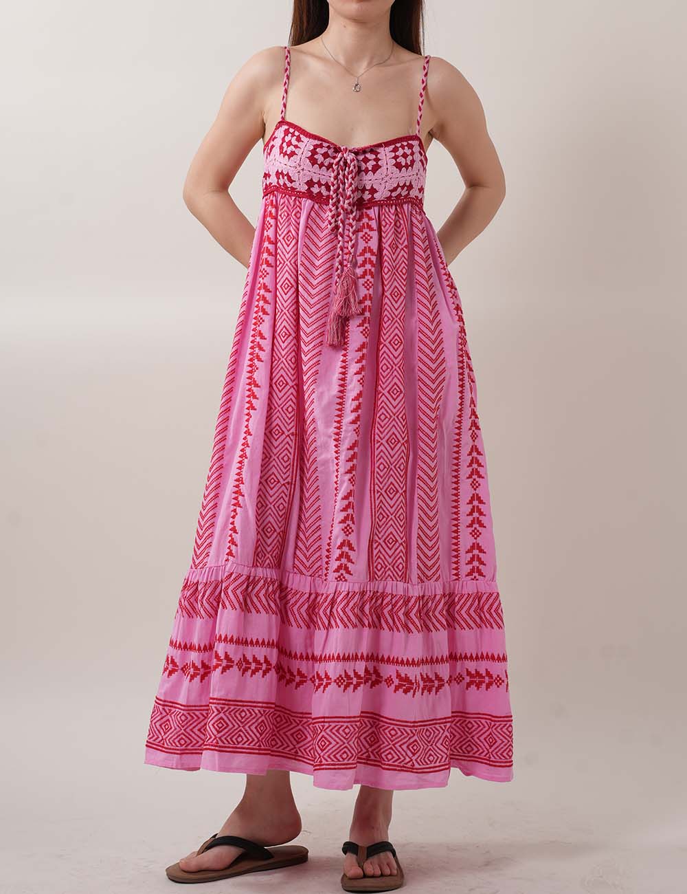 Color Block Embroider String Midi Dresses