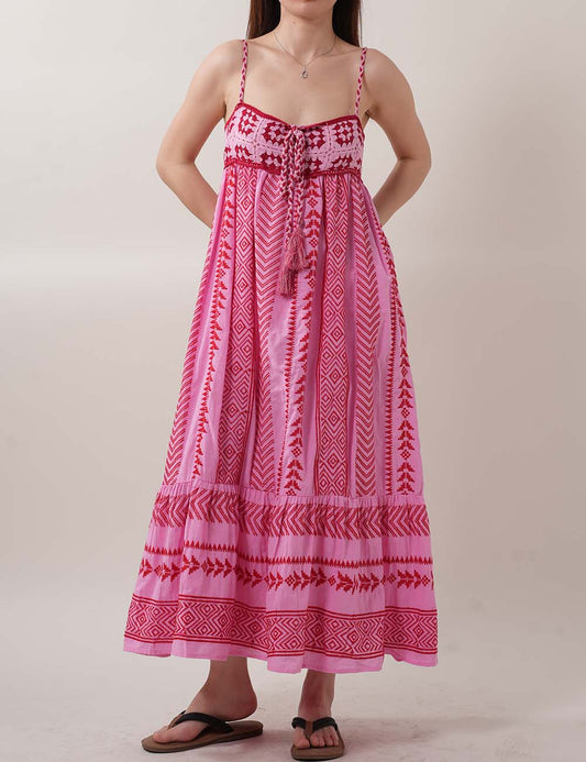 Color Block Embroider String Midi Dresses