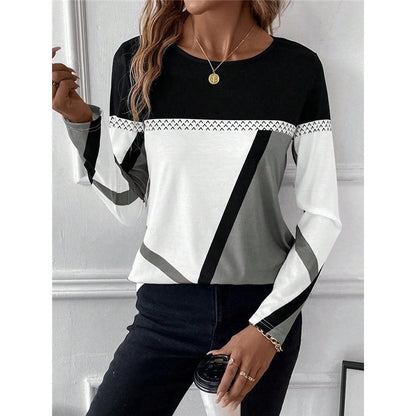 Round Neck Contrast Patchwork Geometric Print T-Shirt