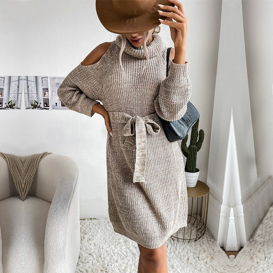 Solid Color Lace-Up Cutout Off-Shoulder Turtleneck Sweater Dress