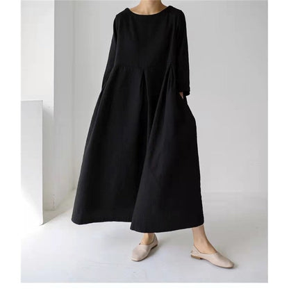Solid Color Long Sleeve Crewneck A-Line Large Hemline Casual Loose Maxi Dress