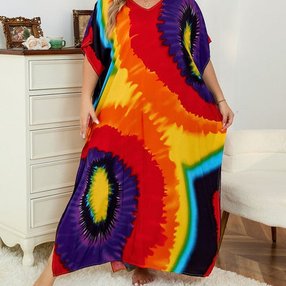 Contrast Color Printing V-Neck Short Sleeve Casual Loose Long Beach Dress Bikini Cover-Up