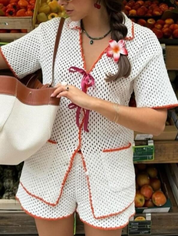 Color Block Lapel Button Down Short Knit Sets