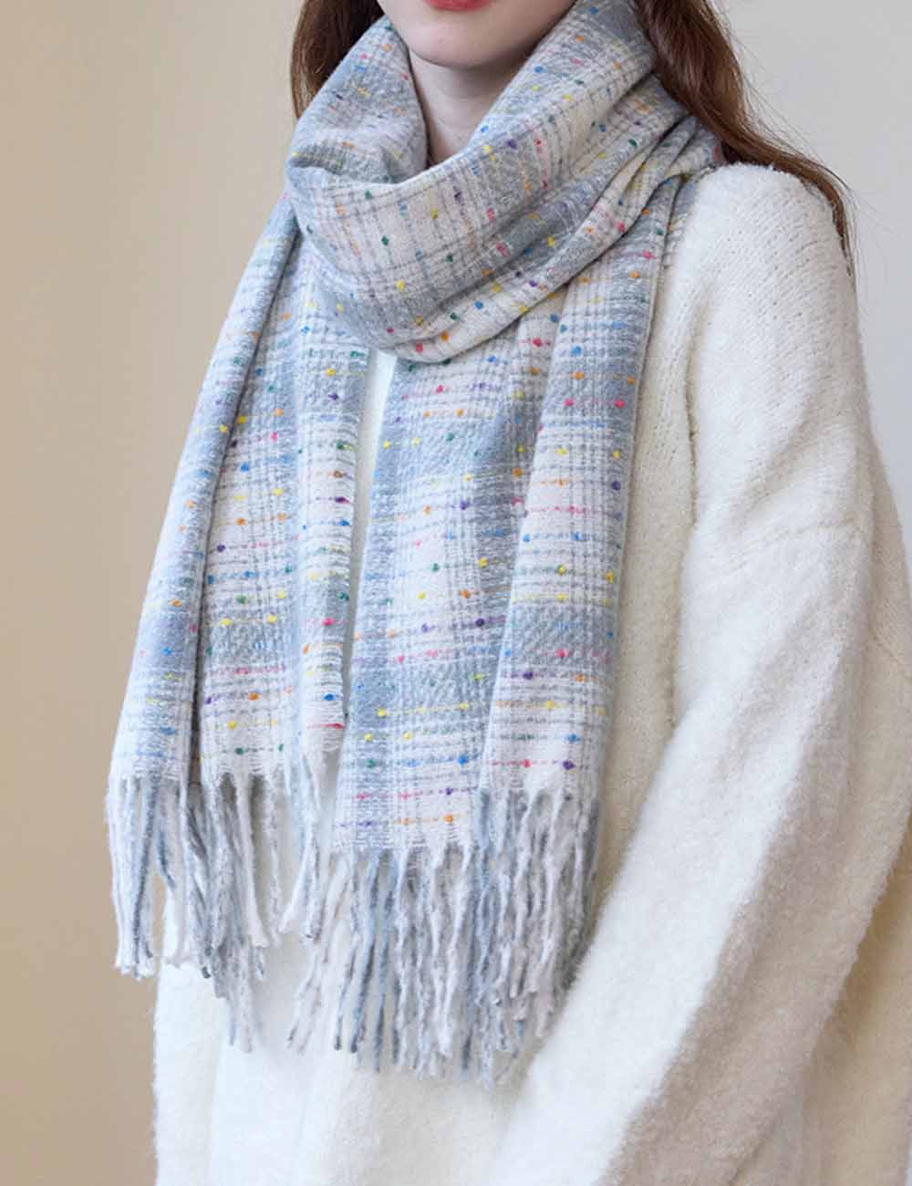 Sparkling Multi-Color Dots Plaid Fringe Scarf