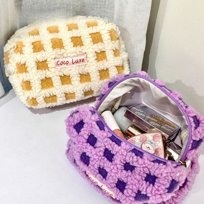 Waffle Checkerboard Plush Makeup Bag