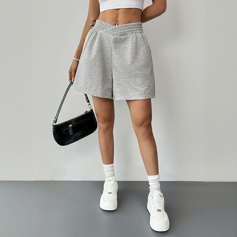 High-Waisted Elastic Waist V-Notch Wide Leg Shorts