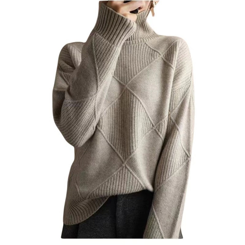 Fashion High Neck Diamond Texture Solid Color Pullover