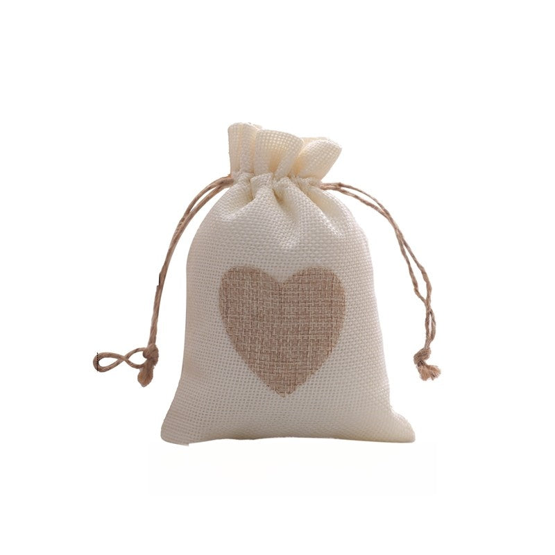Linen Gift Bag With Heart Print Drawstring