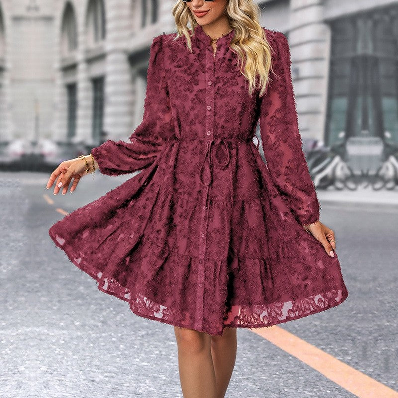 Ladies Lace Stand Collar Long Sleeve Shirt Dress