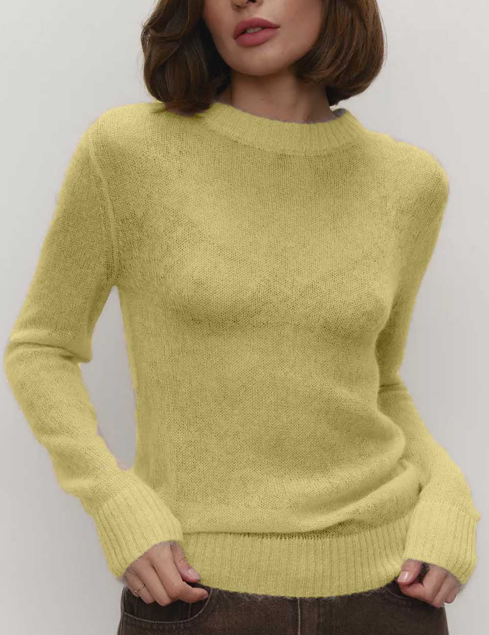 Simple Sheer Round Neck Long Sleeve Knit Top