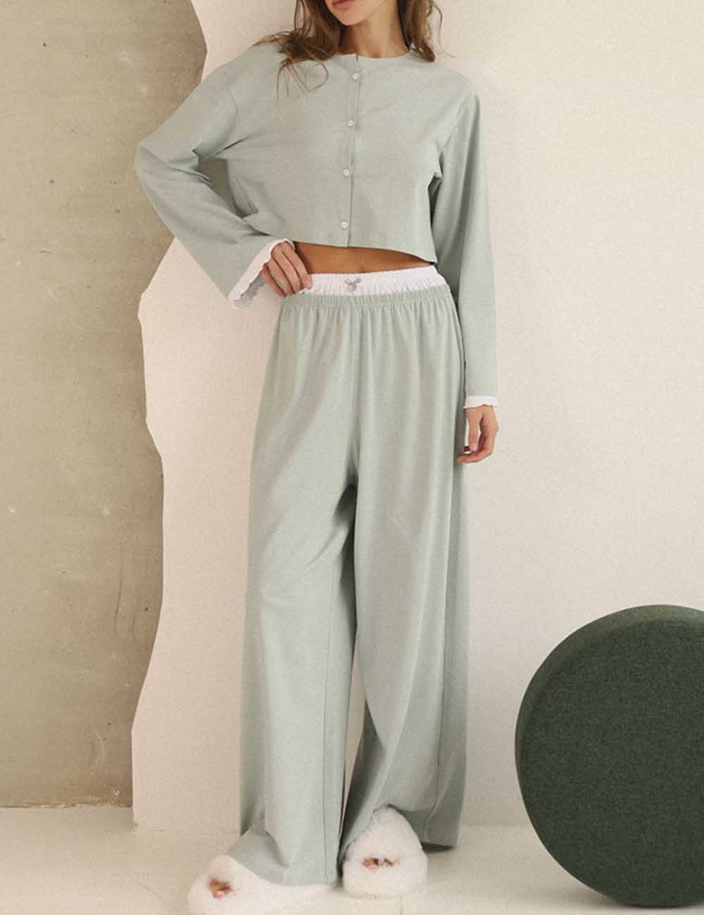 Casual Color Block Long Sleeve Sleepwear Set