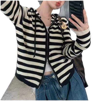 Women's Striped Hooded Knit Cardigan Sweater