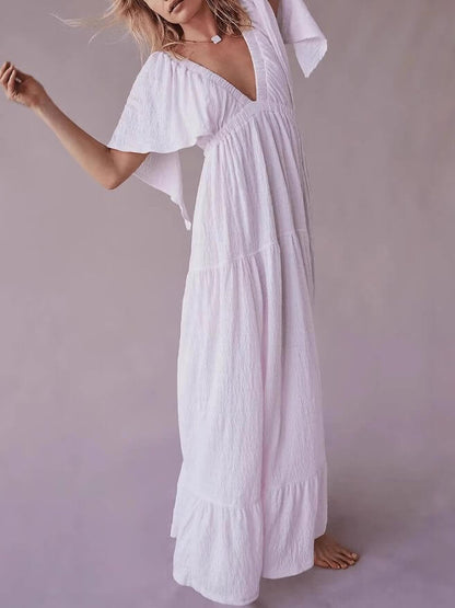 V-Neck Backless Short Sleeves Maxi Dress