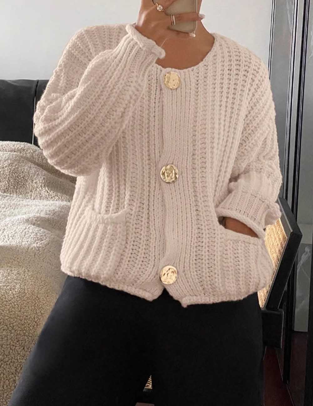 Round Neck Loose Long Sleeve Knit Cardigan