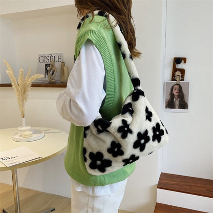 Cute Black  White Flowers Plush Shoulder Bag