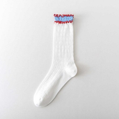 Ruffle Color Block Thin Ribbed Socks
