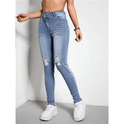 Stretch Ripped Diagonal Zippered High-Waist Slim Fit Skinny Jeans