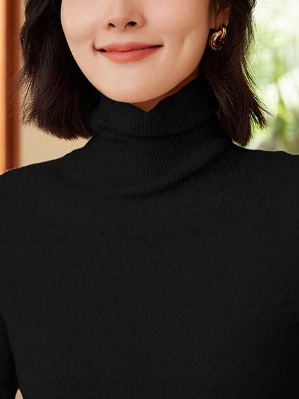 Long Sleeves Skinny Solid Color Split-Joint High Neck Sweater Tops