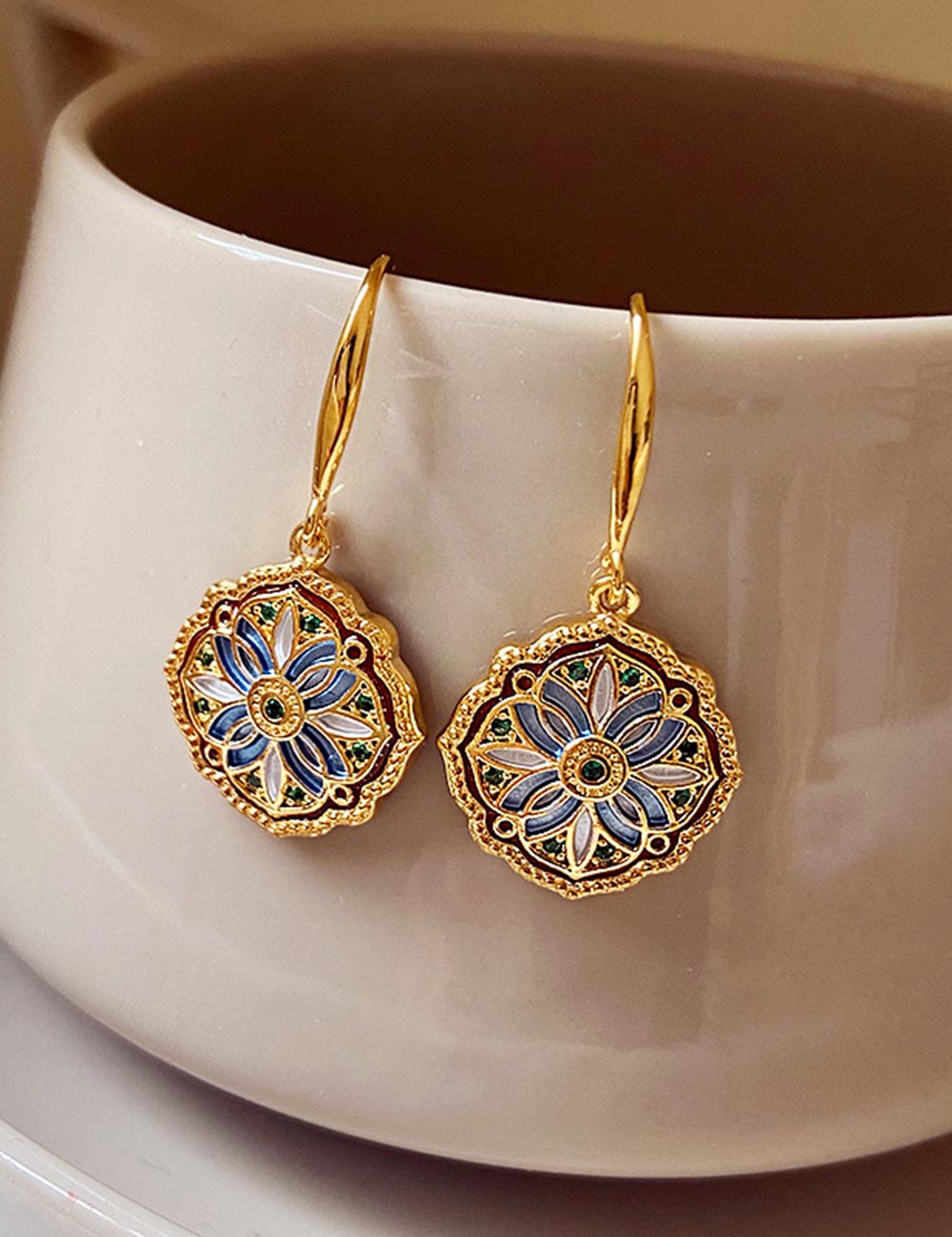 Vintage Gold Enamel Floral Hook Earrings