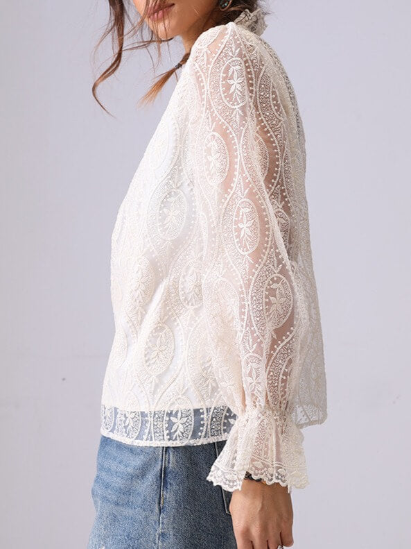 Trendy Hollow Out Embroidered Long Sleeve Top