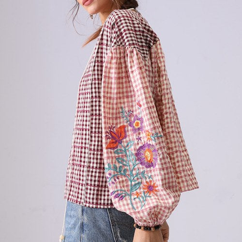 Floral Embroidered Plaid String Top