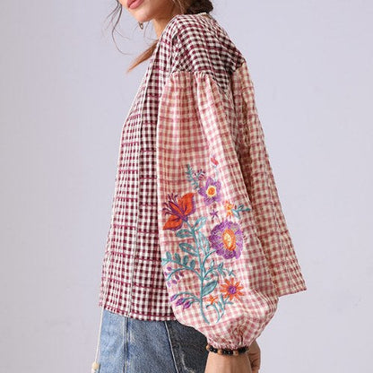Floral Embroidered Plaid String Top