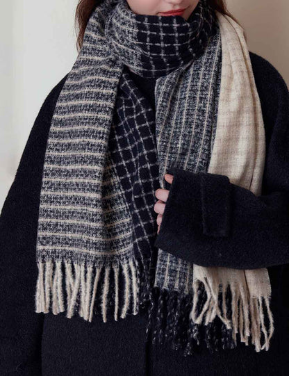 Soft Wool Blend Checkered Fringe Scarf
