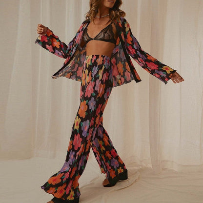 Printed Pleated Long Sleeve Long Pants Set