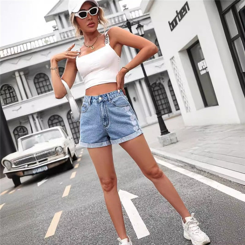Classic Commuter High Waist Fashionable Rolled Hem Denim Shorts