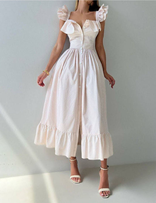 Trendy Square Neck Striped Ruffle Midi Dress
