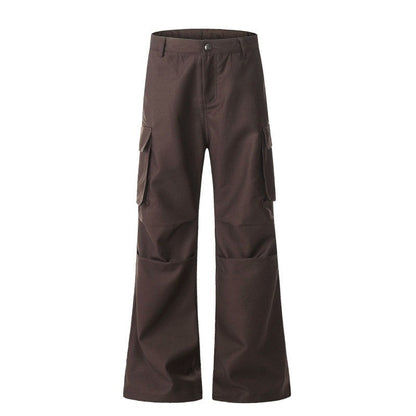 Multi-Pocket Pleated Flare Trousers Unisex Utility Style