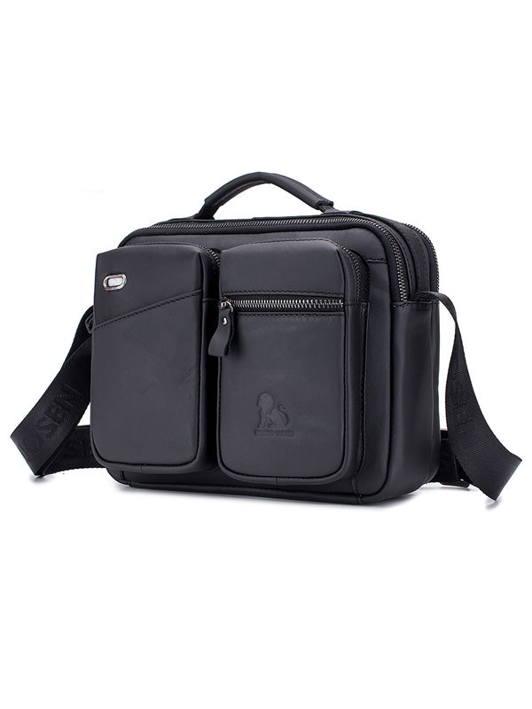 Men Zipper Leather Solid Multi-layer Pocket Crossbody Bag