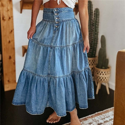 A-Line Denim Skirt With Flounce Hem