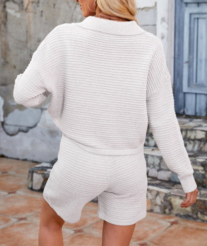 Solid Color V-Neck Sweater Loose Short Knit Set