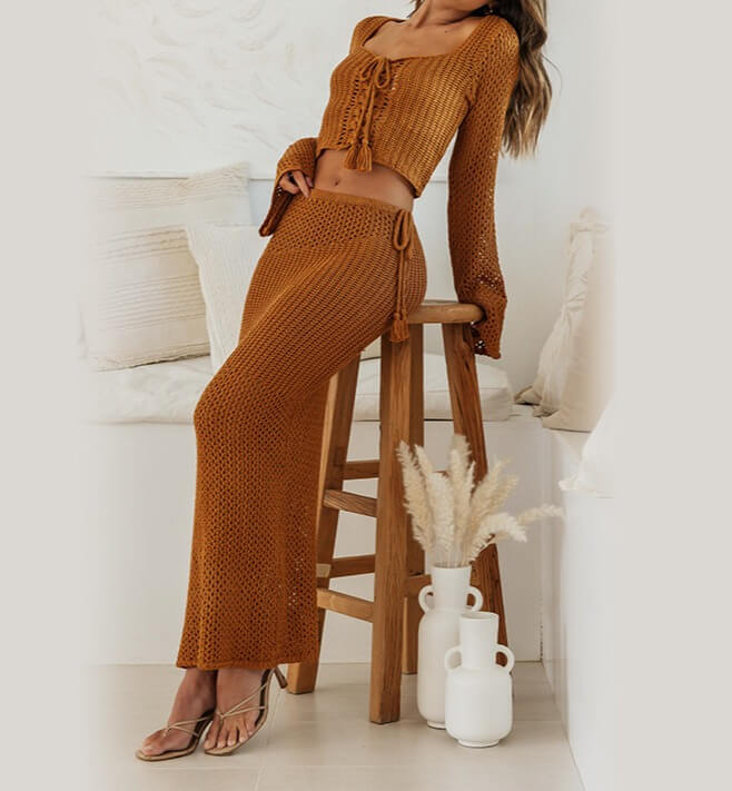 Solid Color Sexy Hollow Out Knit Sets