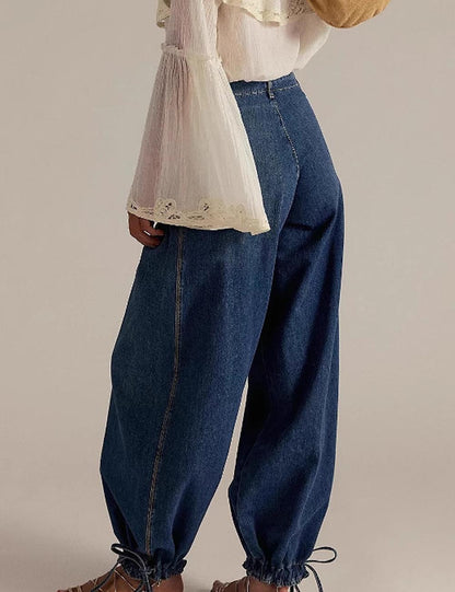 Simple Ruched Drawstring Cuffed Denim Pants