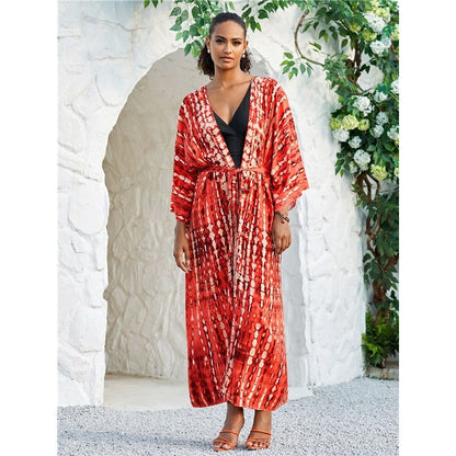 Long Sleeve Printing Waist Tied Casual Loose Long Cardigan Beach Bikini Cover-Up