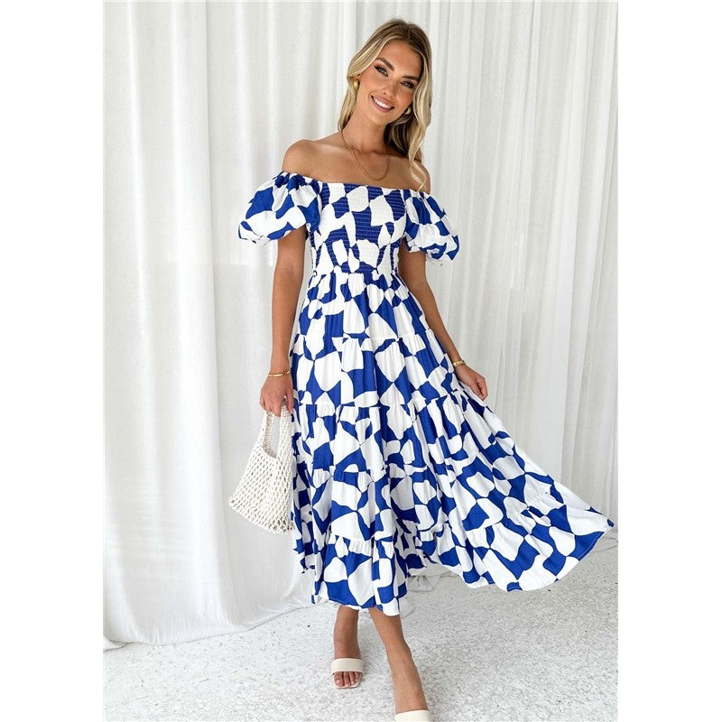 Boat Neck Short Sleeve Elastic Waist A-Line Long Dress