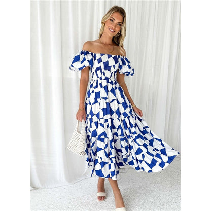 Boat Neck Short Sleeve Elastic Waist A-Line Long Dress